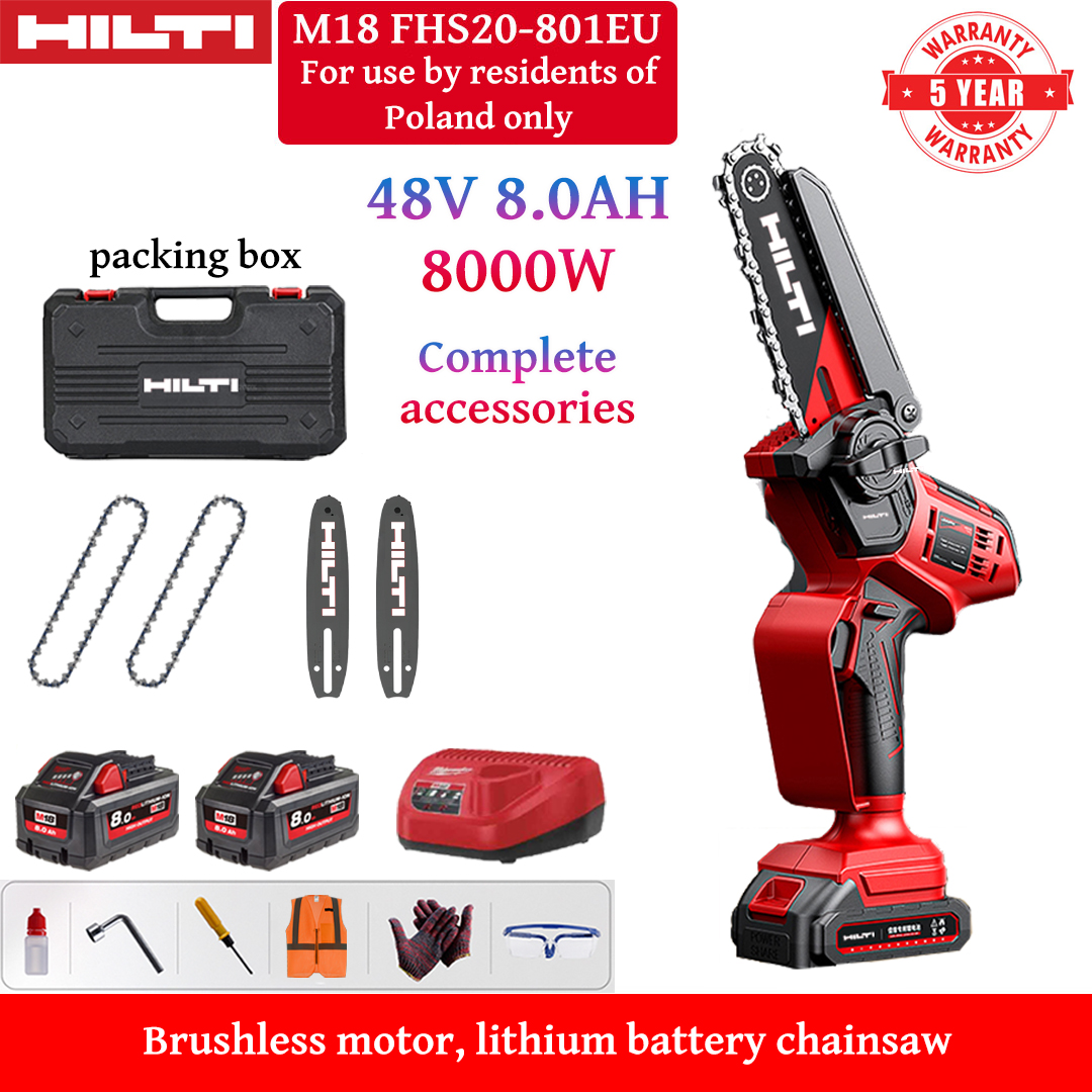 8palcová bezkartáčová lithium-iontová řetězová pila, výkon 8000 W, 2x baterie 48 V 8,0 Ah, nabíječka, 2x vodicí lišty, 2x řetězy, bedna na nářadí, mazivo a ochranné brýle, pětiletá záruka