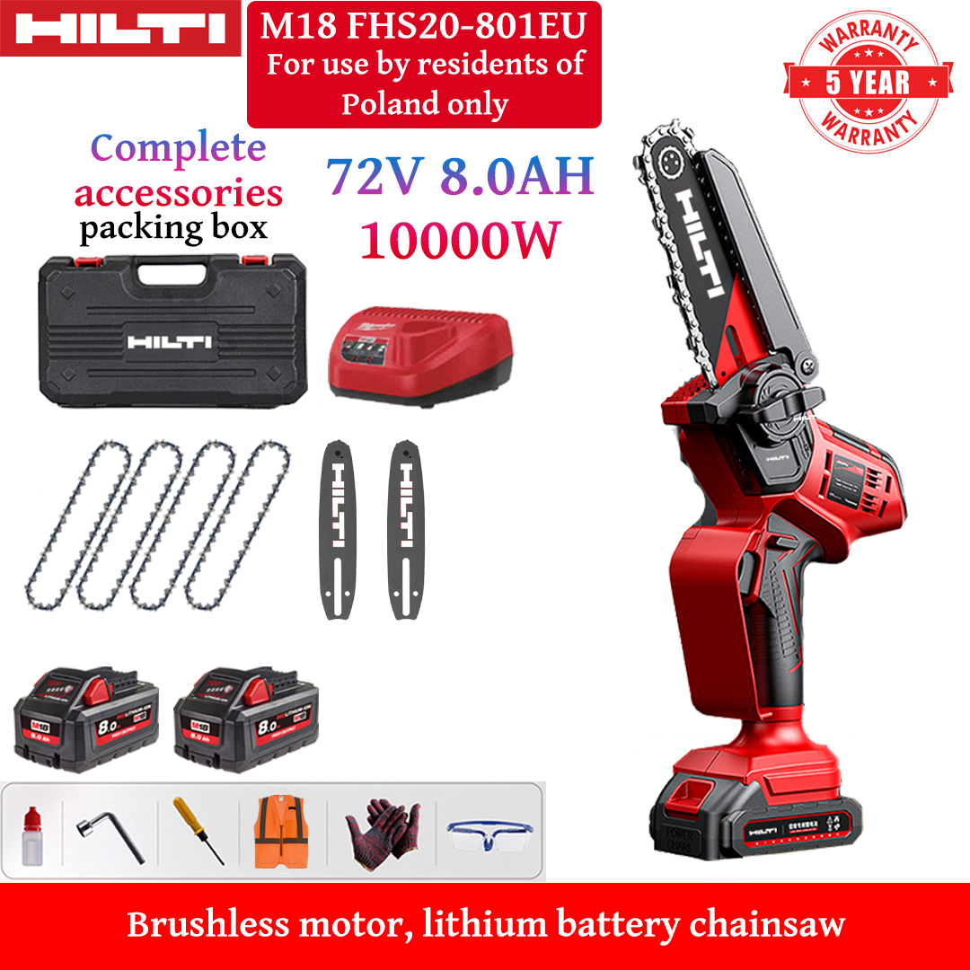 8palcová bezkartáčová lithium-iontová elektrická pila, výkon 10 000 W, 2x baterie 72 V 8,0 Ah, nabíječka, 2x vodicí lišty, 4x řetězy, bedna na nářadí, mazivo a ochranné brýle, pětiletá záruka