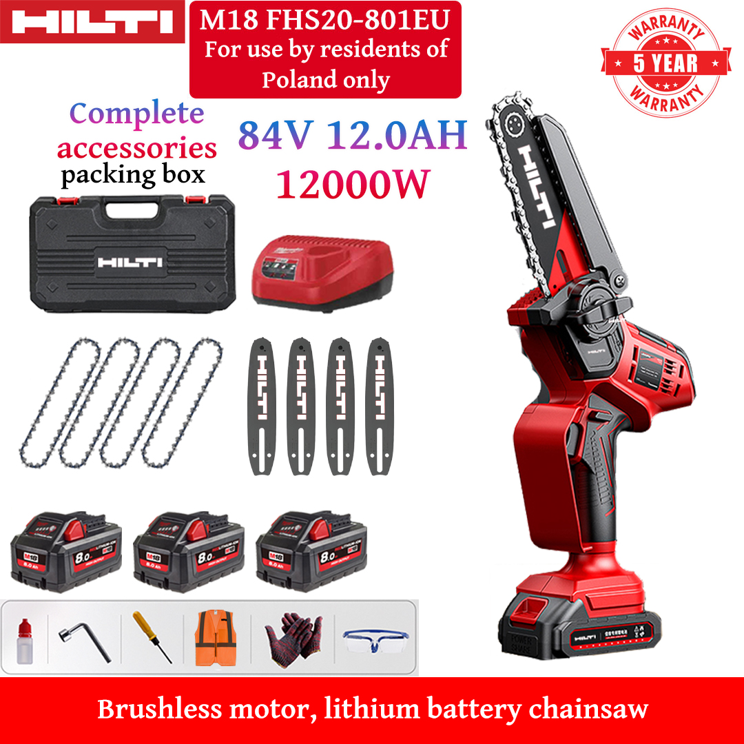 10palcová bezkartáčová lithium-iontová elektrická pila, výkon 12 000 W, 3 ks 84V 12Ah baterií, nabíječka, 4 ks vodicích lišt, 4 ks řetězů, bedna na nářadí, mazivo a ochranné brýle, 10letá záruka